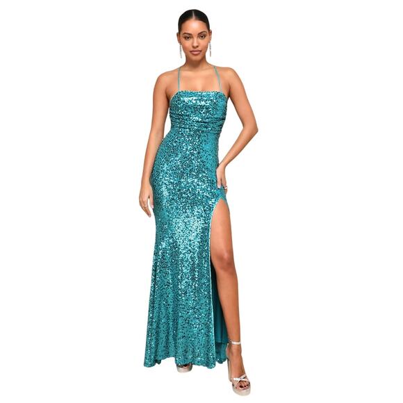 Lulus Glowing Praise Teal Blue Sequin Lace-Up Maxi Dress size Small NWT - Picture 3 of 8
